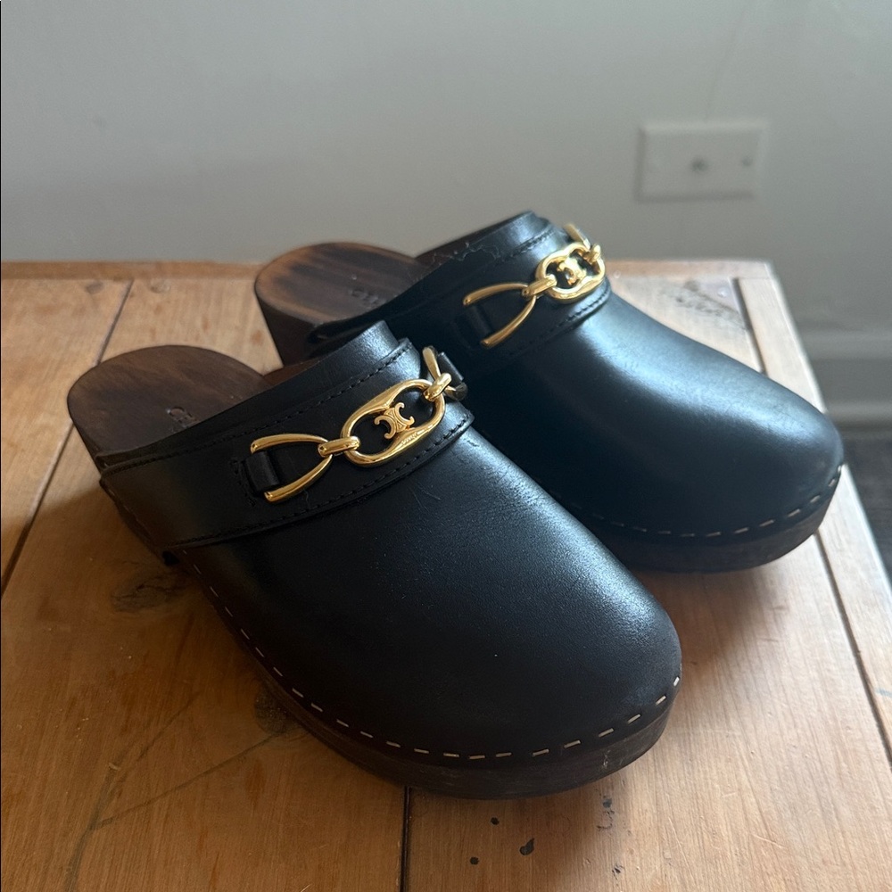 Celine Leather Clogs with Gold Accent